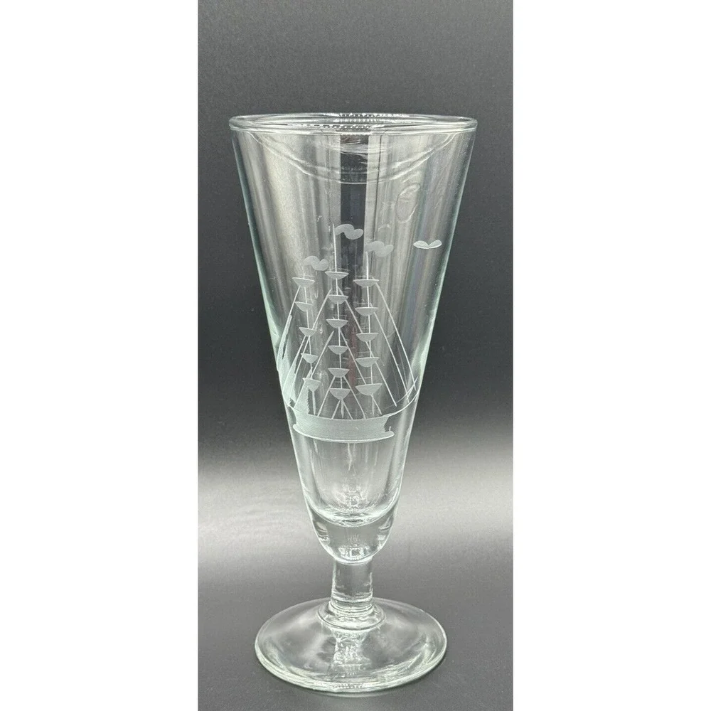 Vintage Etched Clipper Ship & Birds Pilsner Glasses Footed Beer Goblets Set 4